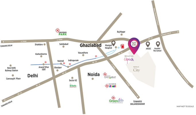 Map showing location opposite Wave City on NH-24, Ghaziabad