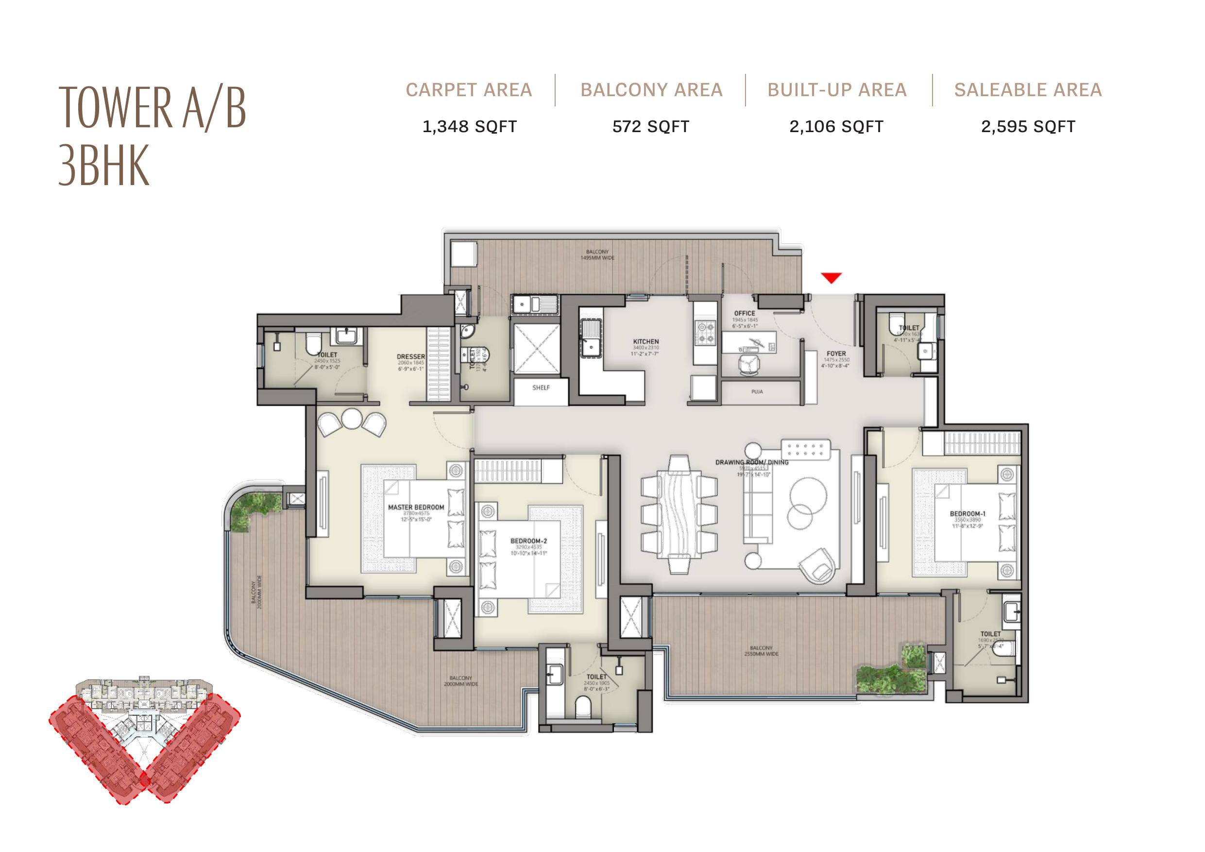 Tower A/B 3BHK 2595 Sq.Ft.
