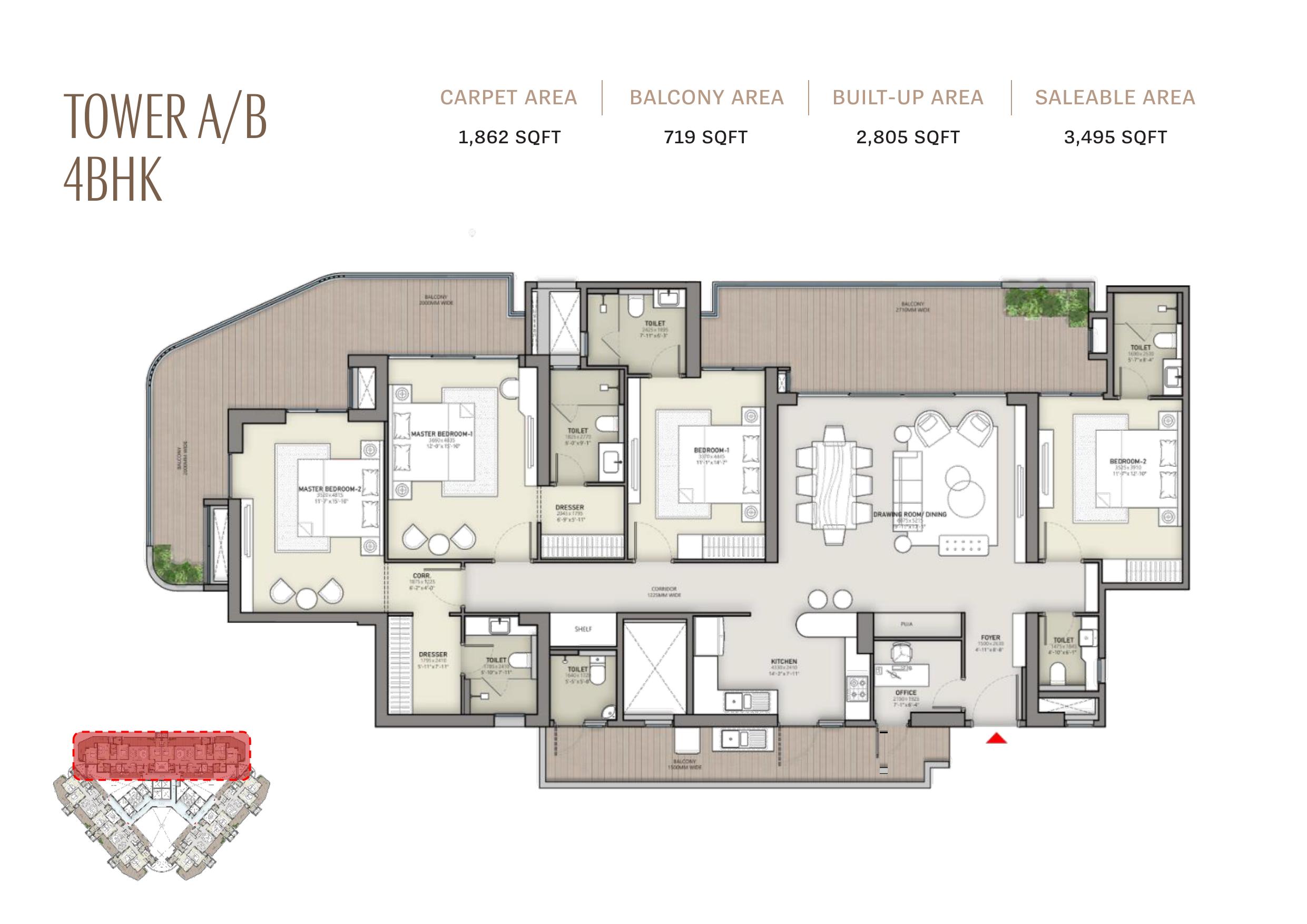 Tower A/B 4BHK 3495 Sq.Ft.