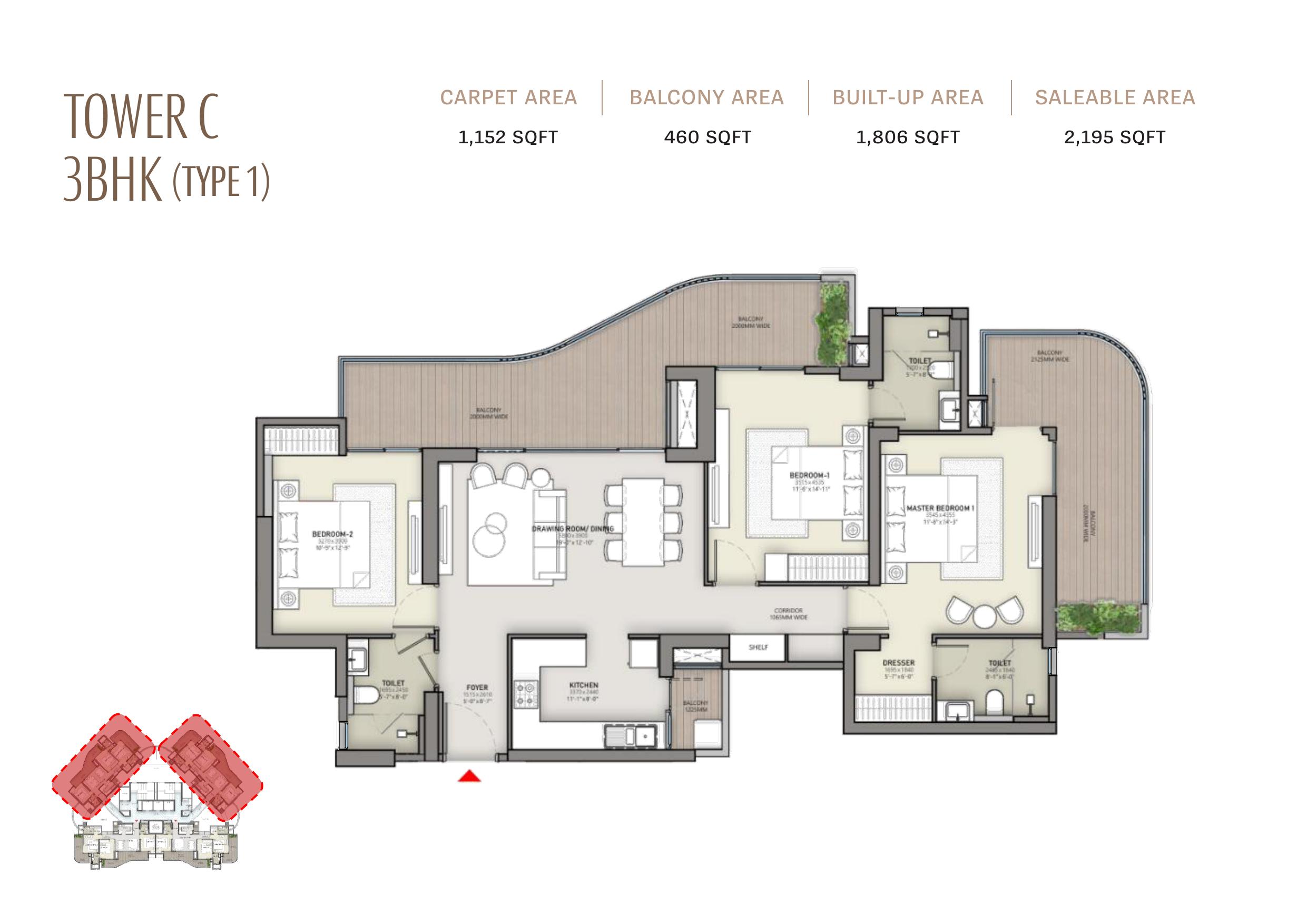 Tower C 3BHK Type 1 2195 Sq.Ft.