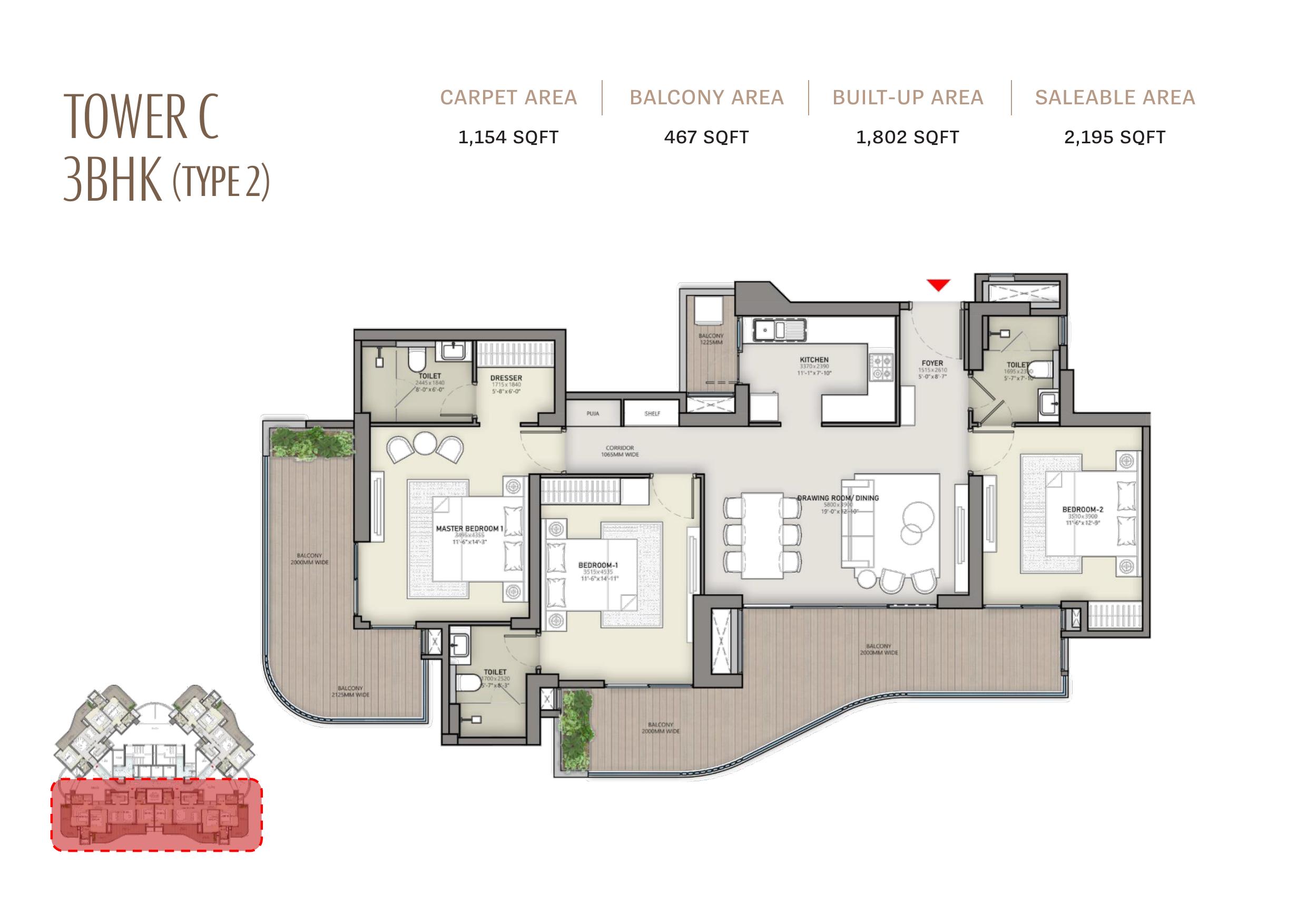 Tower C 3BHK Type 2 2195 Sq.Ft.